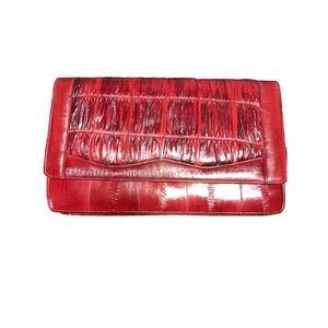 Vintage Genuine Red Eel Skin Clutch Purse With Removable Strap 80s Retro Glam